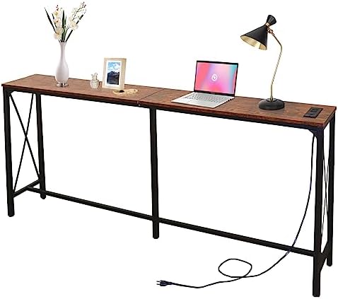 70.9 Inch Console Table, Sofa Table with 2 Power Outlets and 2 USB Ports, Behind Couch Table with Metal Frame,Extra Long Sofa Table,Narrow Long Entryway Table for Living Room,Hallway,Vintage Brown