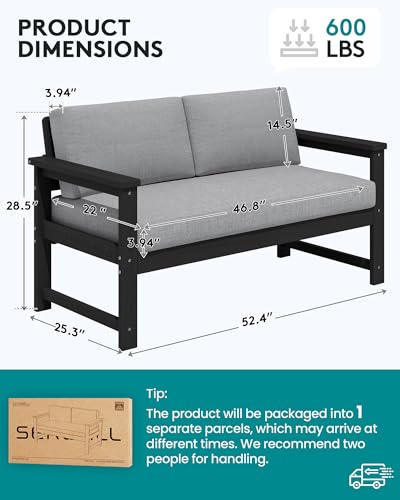 Image of SERWALL HDPE Outdoor Loveseat with Cushion, Outdoor Sectional Furniture Set | All Weather Use Patio Couch Sofa，Black Frame with Grey Cushions