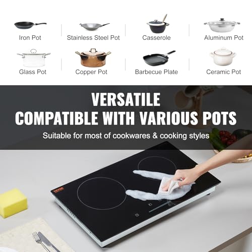 Image of VEVOR Electric Cooktop, 24 inch 2 Burners Built-in Electric Stove Top, 1800W Ceramic Top Radiant Cooktop with 9 Heat Level, Glass Panel, Touch Control, Timer, Child Lock, Residual Heat Indicator, 120V