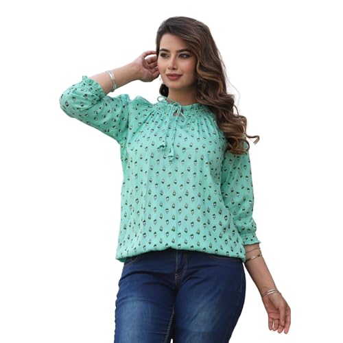 Image of Himanshi Enterprises Women's Traditional Casual 3 /4 Sleeves Mandarin Nack Rayon Floral Printed Short Kurti