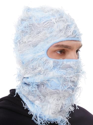 Image of ROXUN Distressed Ski Mask Balaclava, Yeat Shiesty Fluffy Knitted Full Face | Highly stretchy construction