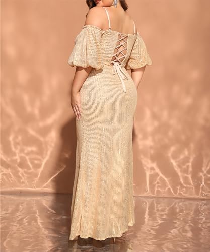 Image of Women's Plus Size Off The Shoulder Puff Sleeve Dress Sequin Formal Maxi Evening Cocktail Party Gowns
