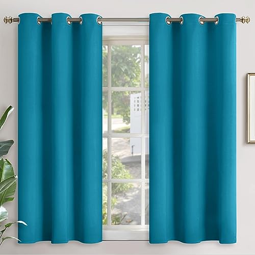 Image of YoungsTex Teal Blue Blackout Curtains 48 Inches Length - Short Thermal Insulated Drapes with Grommet Room Darkening Privacy for Living Room Windows, 2 Panels, 42 x 48 Inch