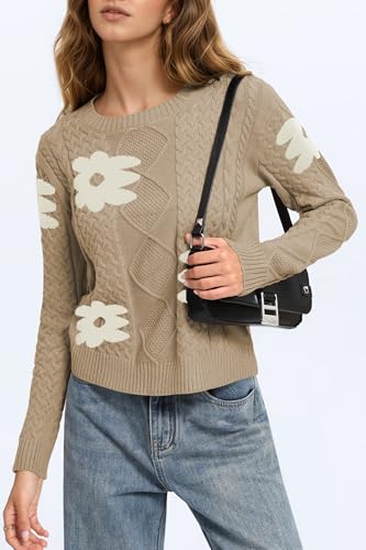 Image of Cakulo Womens Lightweight Fall Pullover Sweaters Cable Knit Crew Neck Sweater Tops 2025 Trendy Outfits