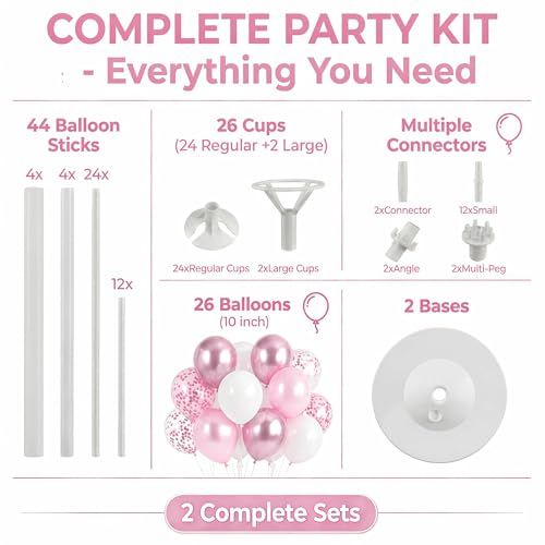 Image of Balloon Column Stand Kit with 10inch Metallic Pink Confetti Balloons, Base&Pole,Balloon Column Kit for Floor&Table Decoration for Party Wedding Bridal Baby Shower Birthday
