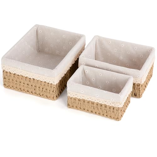 FoiiLiio Set di 3 Cestino Portaoggetti e Porta Giocattoli, Cesto in Corda di Carta, Cestini Portaoggetti Bagno Bambini, per Camerette, Bagno, Cassetti, Cucine, Soggiorno (Beige)
