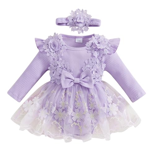 Image of Baby Girl Romper Dress Baby Dress Romper Lace Flowers Infant Fall Winter Festival Clothes with Headband