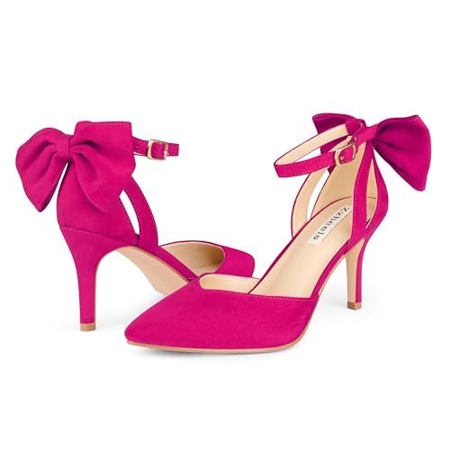 Image of Zzheels Women's Closed Toe Kitten Heels Bow Pumps | Closed Pointed Toe Pump Heel, Stiletto Heels, Ankle Strap, Dress Shoes