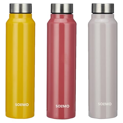 Amazon Brand - Solimo Stainless Steel Bottles (Set of 3) | 970ml Each | 100% Food-Grade | BPA-Free Cap | Leak & Spill Proof | Ergonomic Grip | For Home & Office Use (Yellow, Grey & Red)