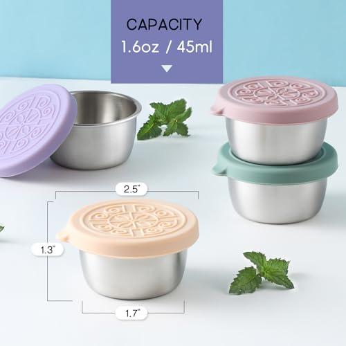 VITEVER [6 Pack] Salad Dressing Container To Go, 1.6 oz Small Condiment Containers with Lids, Reusable Stainless Steel Sauce Cups , Leakproof Silicone Lids for Lunch Bento Box, Picnic and Travel