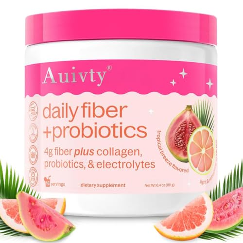 Auivty Daily Fiber + Probiotics Powder – 4g Prebiotic Fiber with Collagen, Probiotics & Electrolytes – Tropical Breeze Flavor, Gut & Digestive Support Drink Mix, 16 Servings