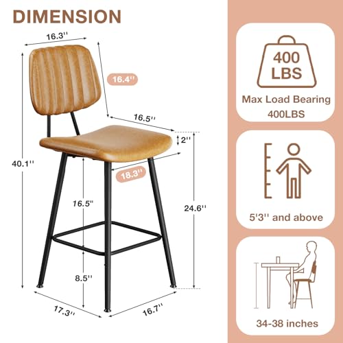 Image of Raynesys 24-Inch Leather Bar Stools Set of 3 with High Backrest, Brown