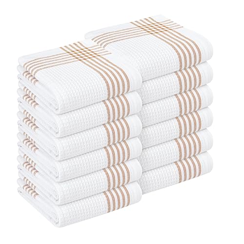 Image of Waffle White & Brown 12 Pack Kitchen Towels Set, 100% Cotton, 16x26 inches, Professional Quality Cleaning Towel for Bar, Home, Restaurant Use, Absorbent Dish Cloths for Drying Dishes