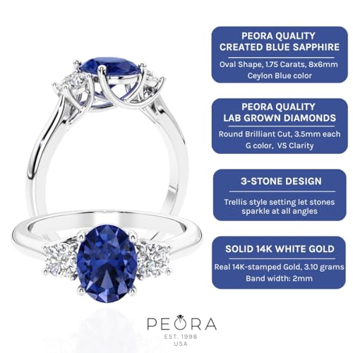 PEORA 3-Stone Oval Shape Created Blue Sapphire and Lab Grown Diamond Trellis Ring 14K White or Yellow Gold, 2.10 Carats total, Sizes 4 to 104