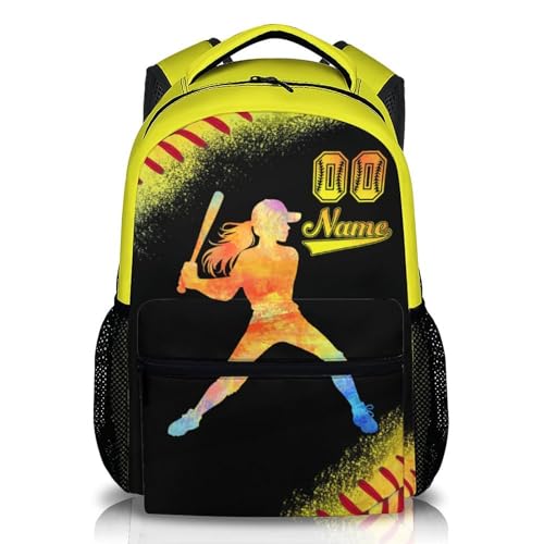 Custom Kids Backpack, Personalized Softball Schoolbag for Girls 3-10, 17 Inch Cool Sports Bookbags, Backpack for School Travel Vacation Camping