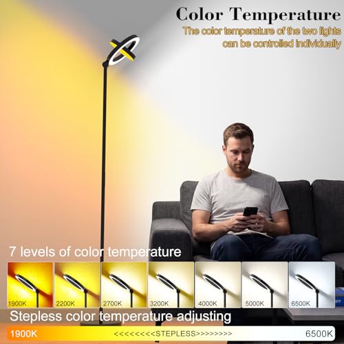 Image of Omorepa 36W 2500lm Bright LED Floor Lamp for Living Room, 75.5 Inch Tall Standing Lamp for Office Stepless Dimmable with Remote, Torchiere Lamp with 2 Rotatable Lights 1900K-6500K for Bedroom (Black)