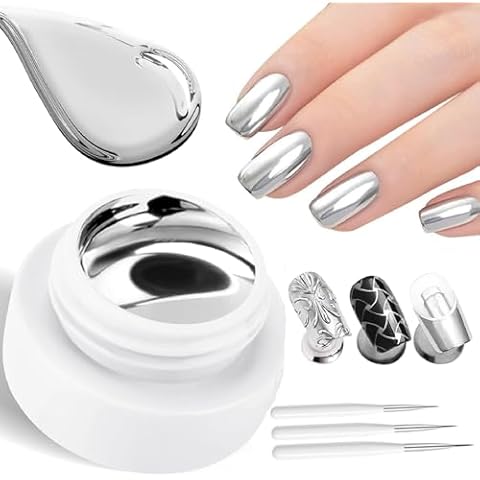 Ingzy Metallic Painting Gel Kit, Silver Mirror Metal Gel with Nail Brushes, 3D Metallic Painting Gel Polish, Reflective Chrome Gel Polish, Silver Nail Polish Gel Kit - 6ml Cover