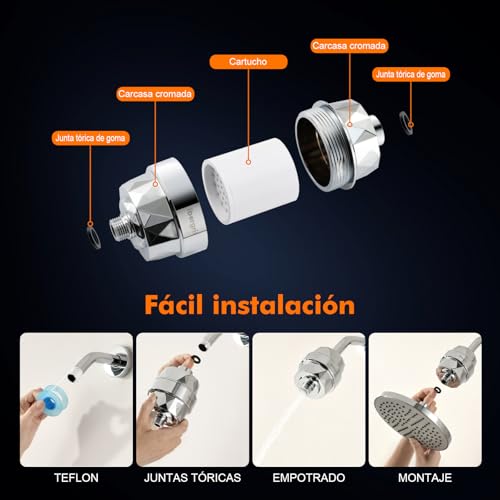 Miniatura 6 de Ibergrif M91010 Filtro Ducha Para Agua Dura, Con Cartucho Reemplazable Para Eliminar Cloro Y Metales Pesados
