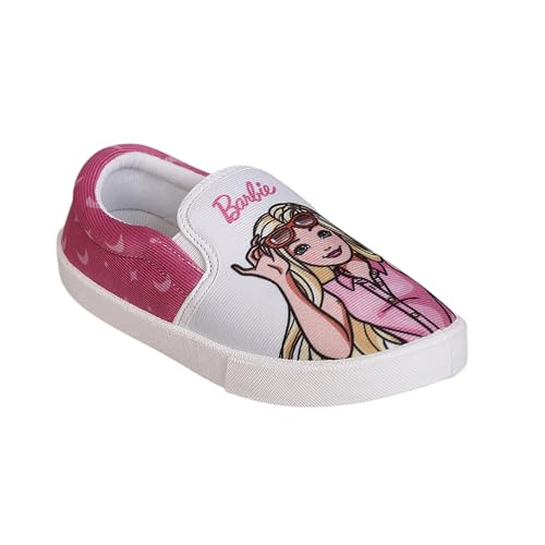 Image of Kidsville Official Barbie Printed Kids Girls Canvas Shoes - White | Lightweight Sole, Super Flexible, Comfortable Indoor and Outdoor Slip On Lofer Shoes for Kids