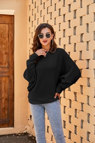 Fessceruna Damen Pullover Oversize Fledermausärmel Strickpullover Winter Rundhals Pulli Geripptes Sweatshirt(Schwarz, L)