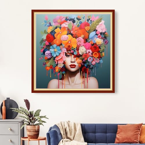 Image of Artvxeay Cross Stitch Kits Stamped Full Range of Embroidery Starter Kits for Beginners Adult DIY 11CT- (Girl Flower 18x18 inch)
