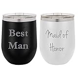 Best Man - Maid of Honor - Wedding - Stainless Steel Engraved Insulated 12 oz Double-Walled Wine Tumbler with Clear Plastic Lid, (Black/White)