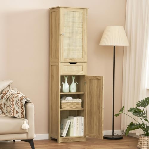 Iwell Tall Bathroom Cabinet with Doors, Rattan Storage Cabinet with Adjustable Shelves, Freestanding Narrow Linen Cabinet for Living Room, Entryway, Kitchen, Home Office, Natural - Thumbnail 2