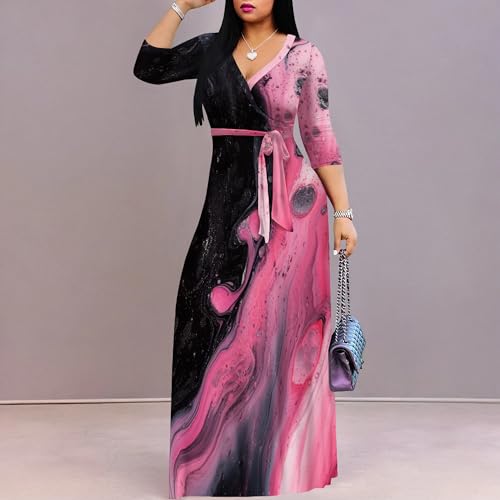 Image of PinkPatty Women's Print Maxi Dresses 3 /4 Sleeve Flowy Long Dress V Neck Wrap Tie Waist Sundress