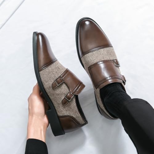 Mens Retro Two Tone Patchwork Leather Slip-On Monk Strap Oxfords Dress Shoes Low Top Round Toe Non-Slip Casual Shoes for Comfortable for Work Office Dress3