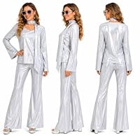 6PCS Disco Outfit Damen Silber Glitzer Kostüm 70er Jahre mit Zubehör – Ansicht 3