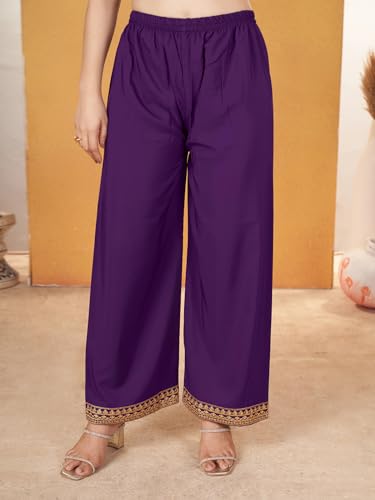 Pratham Blue Ensemble Kurta pour femme en soie brodée droite avec palazzos et dupatta, Violet, S – vue 8