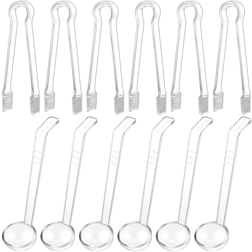 Domensi 12 Pcs Small Ladles Set, Including Plastic Tongs for Serving and 1 oz Small Gravy Ladle Plastic Salad Tongs Acrylic Long Handle Punch Bowl Ladle for Kitchen Buffet Food (Clear)