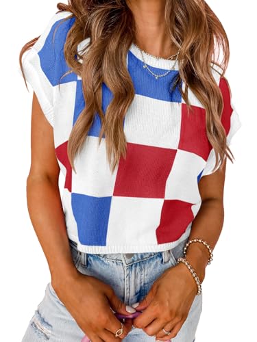 Image of Saodimallsu Womens Cap Sleeve Crop Tops Summer Color Block Going Out Crew Neck Knit Trendy Casual Sweater