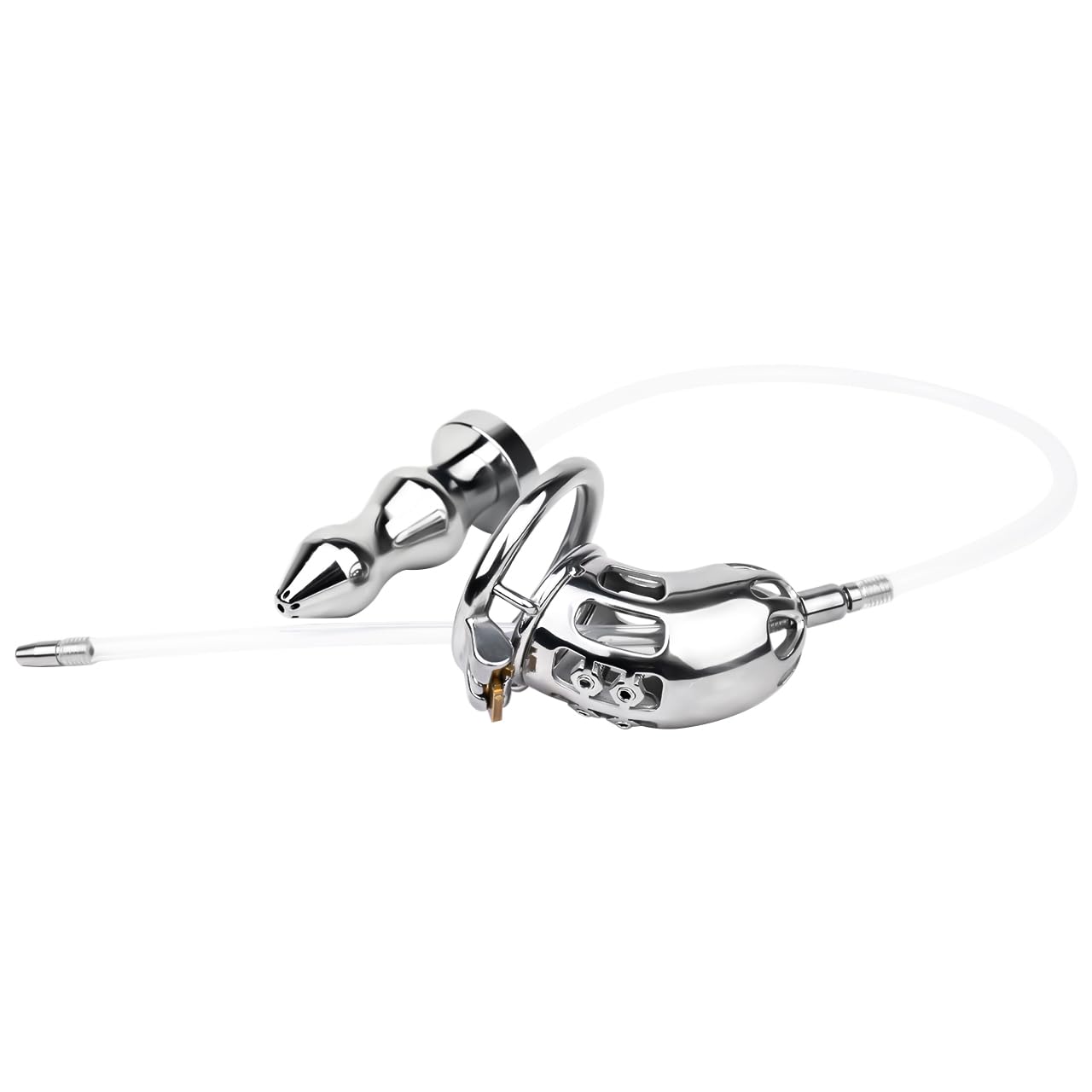 Bondage Masters Inverted Chastity Cage with Urine Enema Anal Plug Medical Grade Stainless Steel