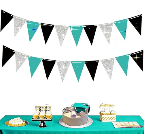 Image of Teal Turquoise Black Graduation Decorations 2026 /Turquoise Black Graduation Party Decorations /Turquoise Birthday Party /Teal Silver Triangle Banners 2pcs for Bridal Shower /Wedding