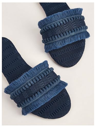 Image of OYOANGLE Women's Fringe Straw Sandals Crochet Open Toe Single Band Flat Slip On Sandals