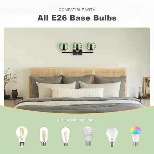 Image of Glass Bathroom Vanity Light Matte Black Mid Century Wall Light Fixtures 3-Light 23.6 Inch Green Globe Shade Indoor Green Glass Wall Sconce for Bedroom Hallway Bedside