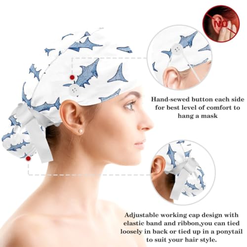 Image of Butterfly Scrub Cap Women with Ponytail & Buttons Adjustable Surgical Nurse Hat with Cotton Sweatband for Long Hair