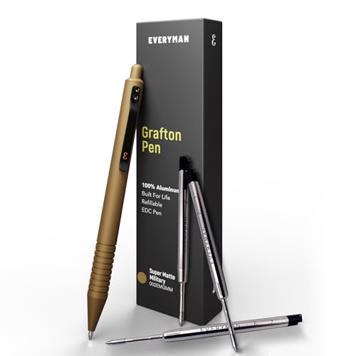 Everyman Super Matte Grafton Pen & Refill Set  Military | Refillable Metal 0.7mm Ballpoint Gel Pen with 3 Smooth Black Ink Refills | Premium EDC Writing Tool for Office, Work, Travel & Gifting
