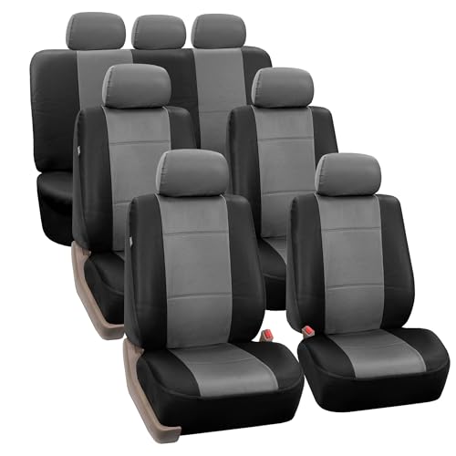FH Group 3 Row PU Leather 7 Seater Car Seat Covers, Airbag Compatible and Split Bench - Fit Most Car, Truck, SUV, & Van Black/Gray