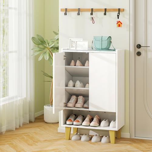 Image of Giantex Shoe Cabinet with Doors, 5-Tier Freestanding Entryway Shoe Storage with Faux Marble Countertop & Open Storages, 38 inch White Shoe Storage Cabinet for Entrance, Hallway, Living Room