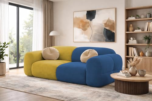 Image of Casaliving Vetras Modern Velvet Bubble Cloud Sofa, Tufted Design Upholstered 2 Seater Sofa Set for Living Room, (Blue Yellow Colour) Premium Velvet Fabric Sofa