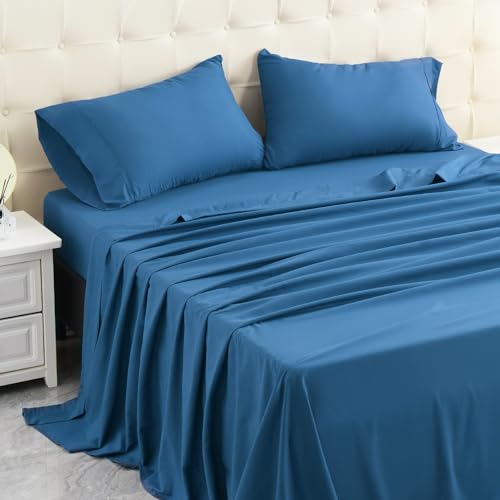 MICORAL Twin Bed Sheets Set Soft Breathable Bedding Sheet Set Sheets Set with 16 Deep Pocket Design (3 Pieces Twin Royal Blue)