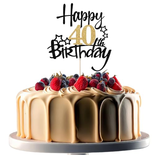JEKUGOT 40th Birthday Cake Toppers Black and Gold Glitter Cake Decorations Happy 40th Birthday Cake Toppers for Men and Women Themed Party (1pcs)