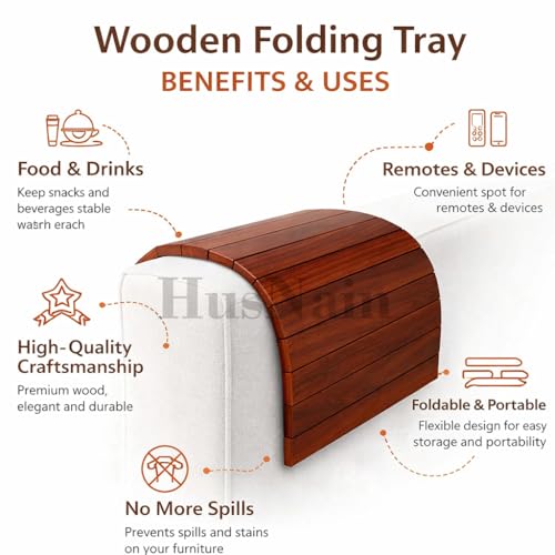 Image of HusNain Wood Foldable Armrest Sofa Tray- Serving Tray Dining Table Rectangular Mat- Armrest Rollable Tray for Office Couch- Multipurpose for Breakfast, Tea Serving, Table Decor (Standard)