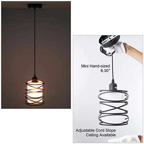 FISGONI Modern Mini Pendant Light Fixture Kitchen Island Pendant Lighting 6.30''Matte Black Spiral Cage and Handblown Frosted Haze Glass Shade Hanging Lamp Adjustable Cord for Dining Room 1 Pack - Image 6