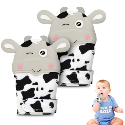 Image of 2Pack Silicone Teething Mitt, Cow Baby Teething Toy for 0-6 6-12 Months, Food Grade Silicone Infant Teething Mitten, BPA-Free Baby Chew Toys for Pain Relief, Sucking Needs