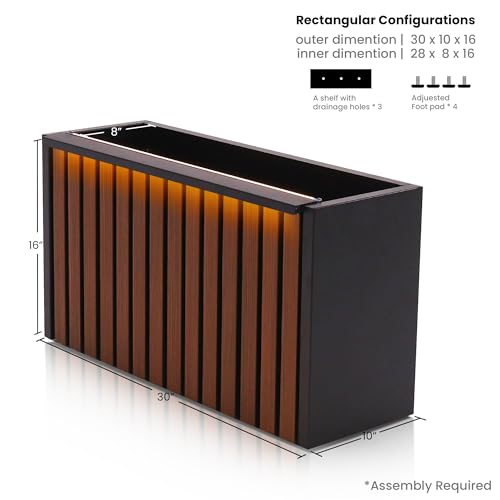 GSK WPC Wood Like LED Metal Planter Boxes Outdoor LED Adjustable Ambient Light Strips 2 Garden Patio Durable Planter Drainage Holee Easy DIY Assembly Pot for Indoor Flowers Herbs and Succulents