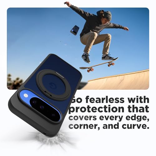 Image of RIGGEAR Shockproof Sleek Hybrid Armor 360 Rotating Magnetic Ring Stand Back Cover Case Compatible with MagSafe Accessories for Google Pixel 10 / Pixel 10 Pro (Smoke Black Matte PC + Black TPU Bumper)