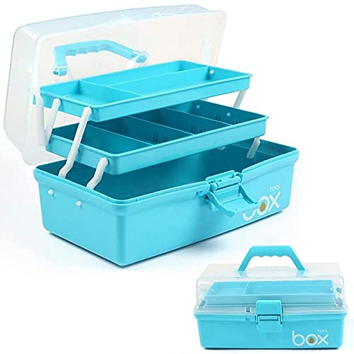 12in Three-Layer Multipurpose Storage Box Organizer Folding Tool Box/Art & Crafts Case/Sewing Supplies Organizer/Medicine Box/Family First Aid Box with 2 Trays (Blue)